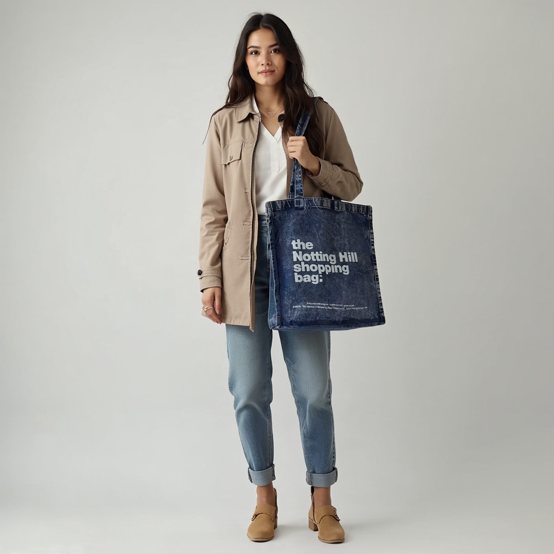 The Notting Hill Shopping Bag™  | Oversize Denim collection | Ice blue with white